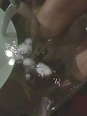 Wifey sucks Hubby's cock and then licks all of the cum off of a glass table