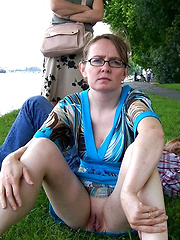 Mature wives with no panties spreading legs outdoors